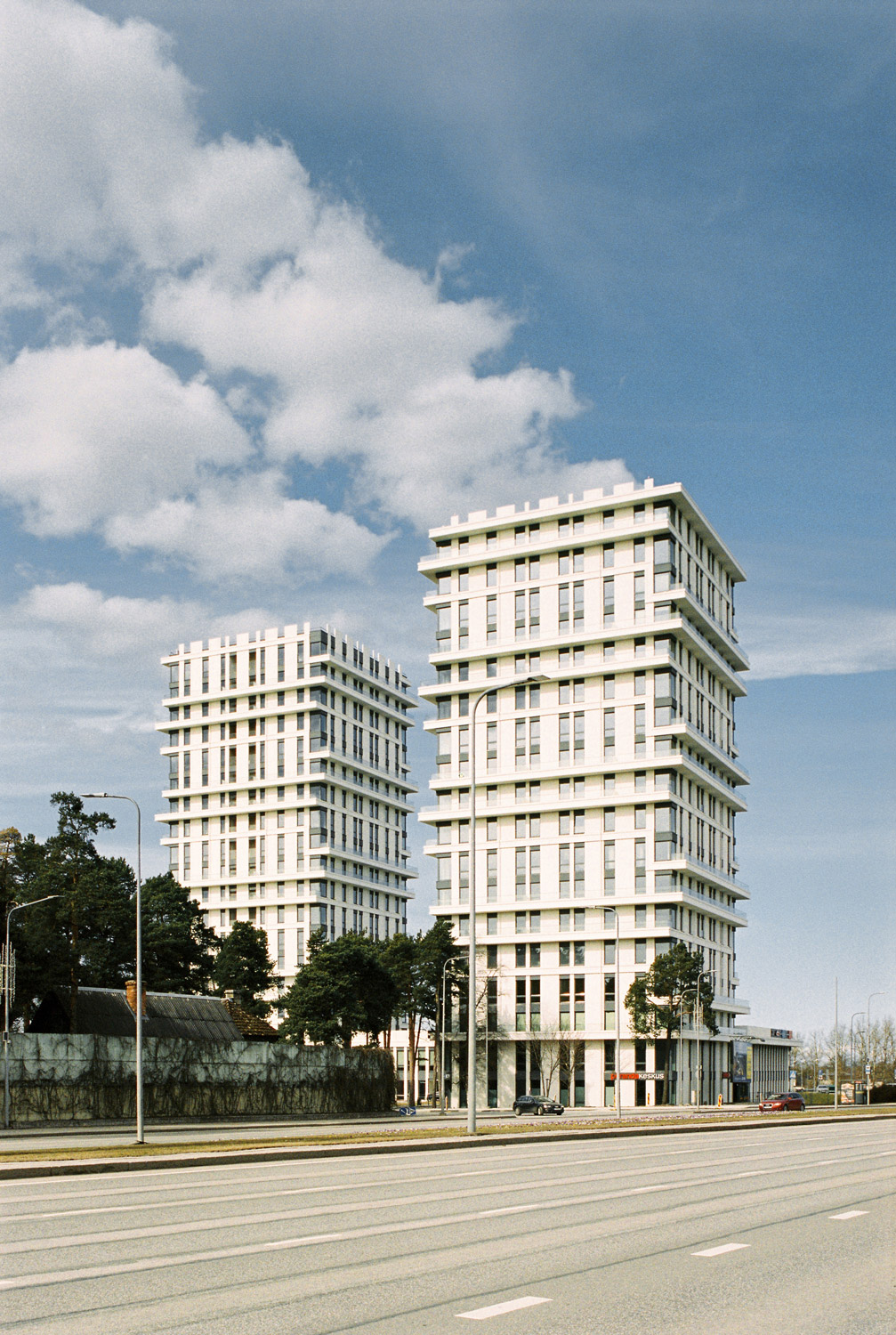 White modern towers in Tallinn Estonia with large windows and concrete structure