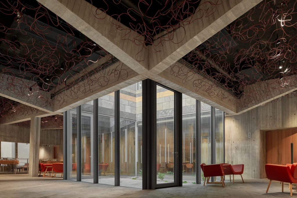 Interior of the new Smiðja building with exposed concrete structure in Reykjavik Iceland