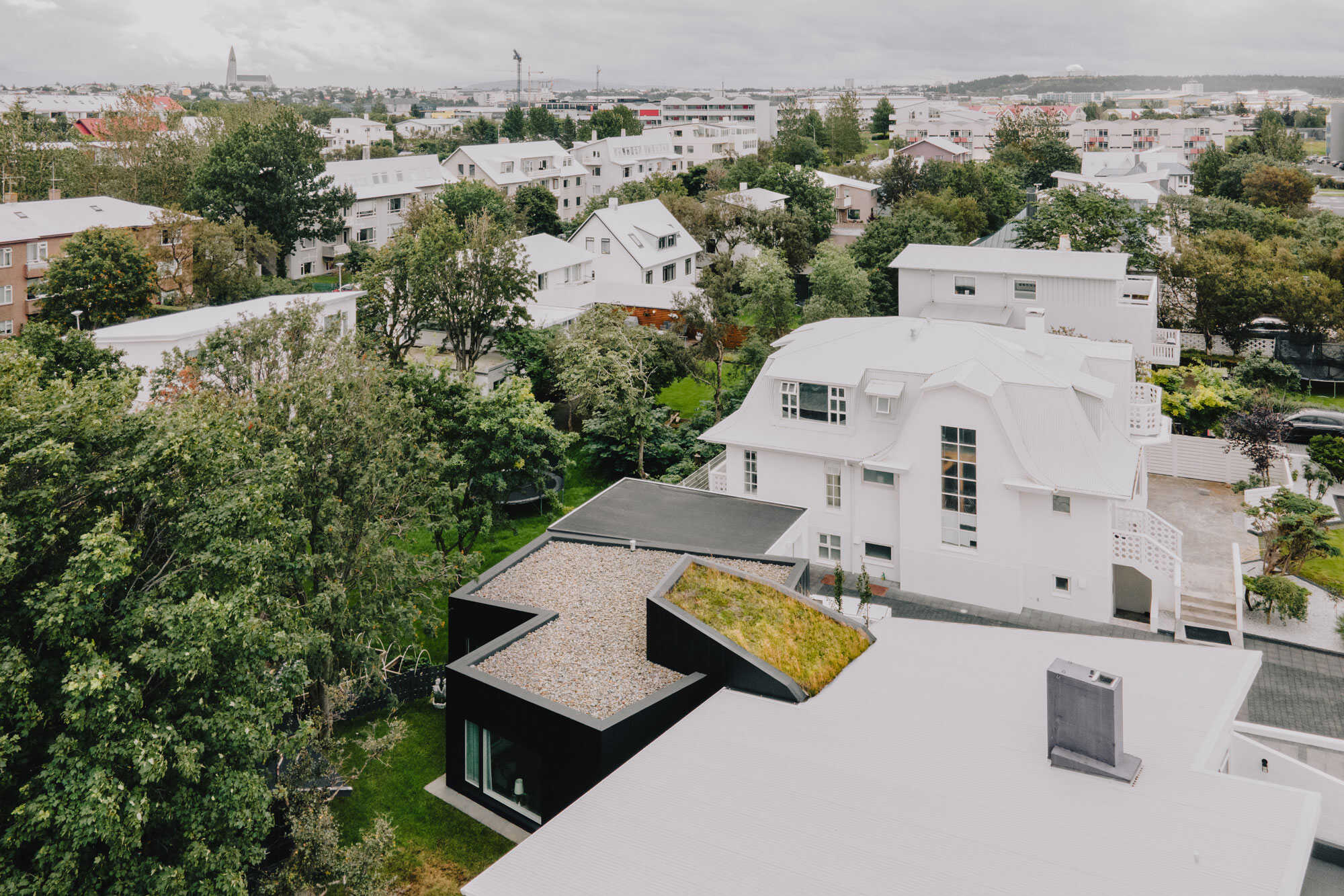 Aerial view of a modern architecture house extension in Reykjavik Iceland